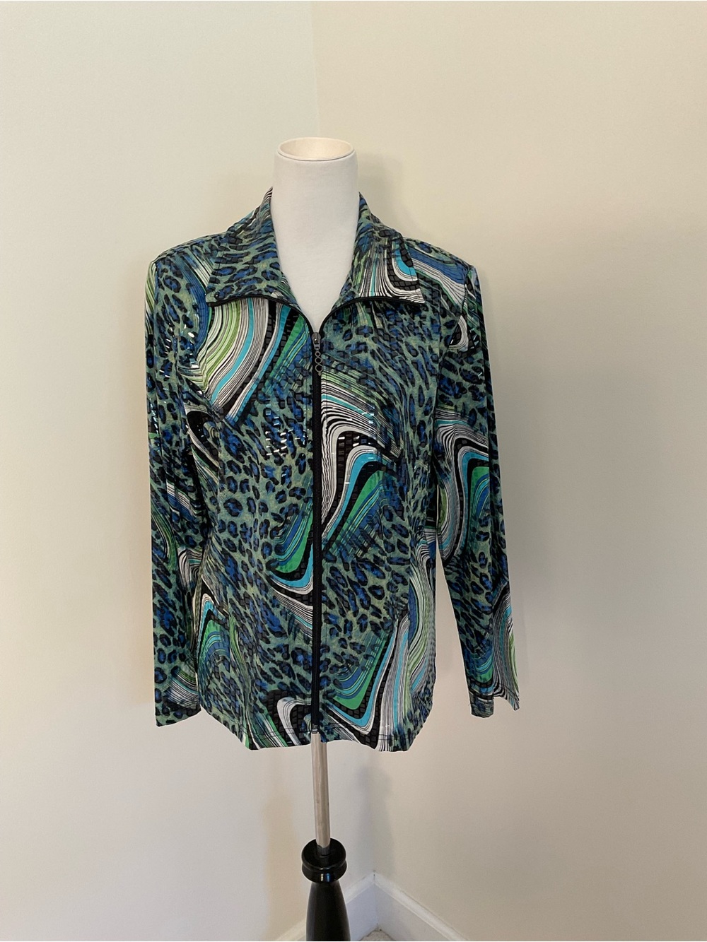Draper’s & Damon’s Green & Blue Abstract Patterned Casual Zip-Front Jacket